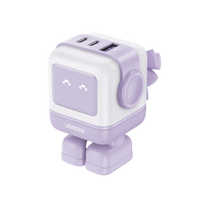 Cargador RobotGaN de 65W Serie UNO | 3 Puertos de Carga Rápida | 2 USB-C | 1 USB-A | PD 3.0 | QC 4.0 | Carga Inteligente | Tecnología GaN II | Zapato Magnético Extraíble | Carcasa Ignifuga | Pantalla LED.