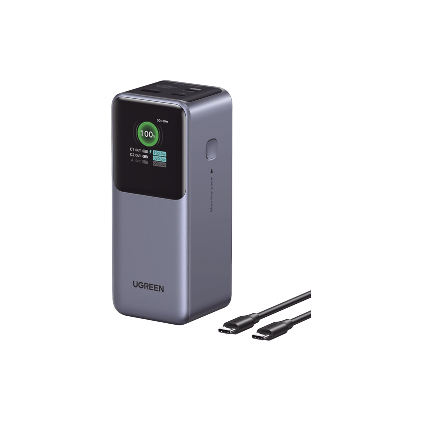 Power Bank de 20000mAh | 3 Salidas 130W Max. | USB-A + 2 USB-C | PD 3.0 | QC3.0 | FCP | SCP | Pantalla Inteligente | Carcasa Ignifuga | Color Gris | Incluye Cable USB de 50cm | Carga tu Laptop de Manera Segura.