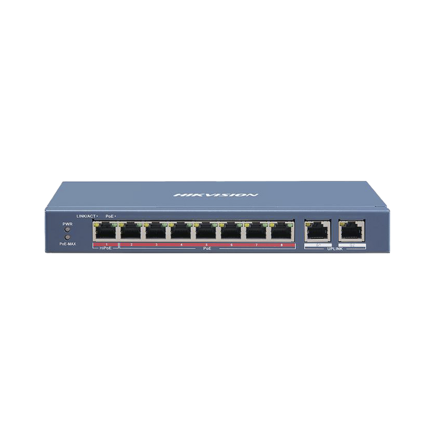 Switch PoE+ / No Administrable / 7 Puertos 10/100 Mbps 802.3 af/at (30 W) / 1 Puerto 10/100 Mbps Hi-PoE (90 W)  / 2 Puertos 1000 Mbps Uplink / Modo Extendido hasta 300 Metros / 110 Watts