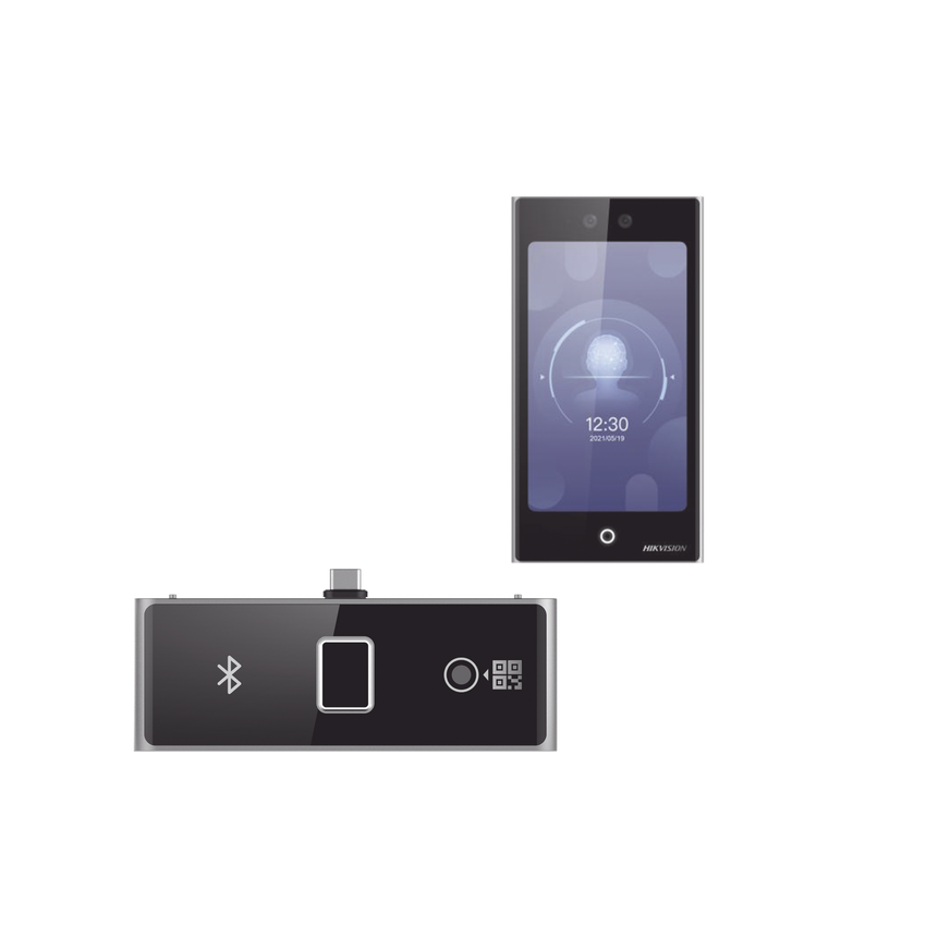 Terminal Facial Min Moe WiFi con pantalla de 7" y Lector de Huellas, Códigos QR y Bluetooth /  Exterior IP65 / 10,000 rostros y 50,000 tarjetas / Soporta módulo lector de Huella, QR y Bluetooth / HIK-IA