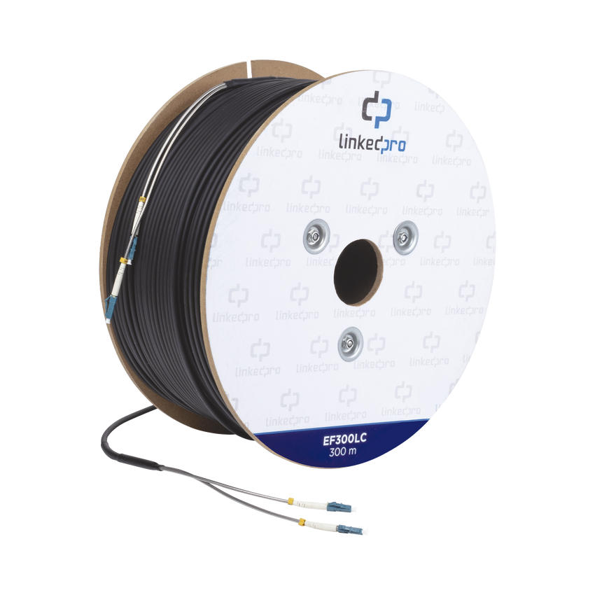 Carrete de Fibra Óptica Monomodo con conectores LC-LC Duplex, Reforzada con Kevlar, de 300 metros, Para instalaciones subterráneas por tubería