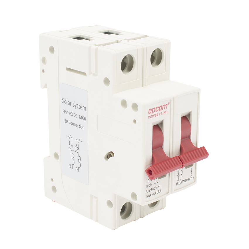 Protección Térmica/ Interrupción 2P,  63 A,  Corriente Directa  800 Vcc para Aplicación Fotovoltaica Montaje Riel DIN