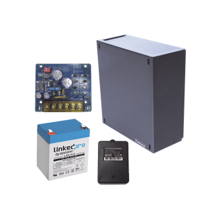 Kit con fuente PLB2 con salida de 12 Vcc a 1.5 Amper, incluye transformador y batería de 12 V a 5.5 Amper
