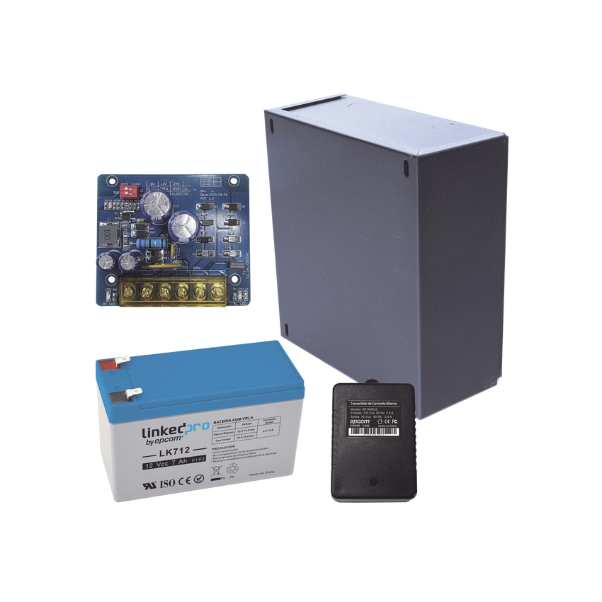 Kit con fuente PLB2 con salida de 12 Vcc a 2.5 Amper, incluye transformador y batería de 12 V a 7 Amper