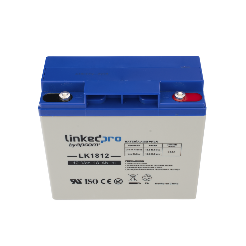 Batería 12 V / 18 Ah / UL / Tecnología AGM / Vida útil promedio de 5 años / Para uso en equipo electrónico, Alarmas de Intrusión / Incendio/ Control de acceso / Video Vigilancia / Terminales T1