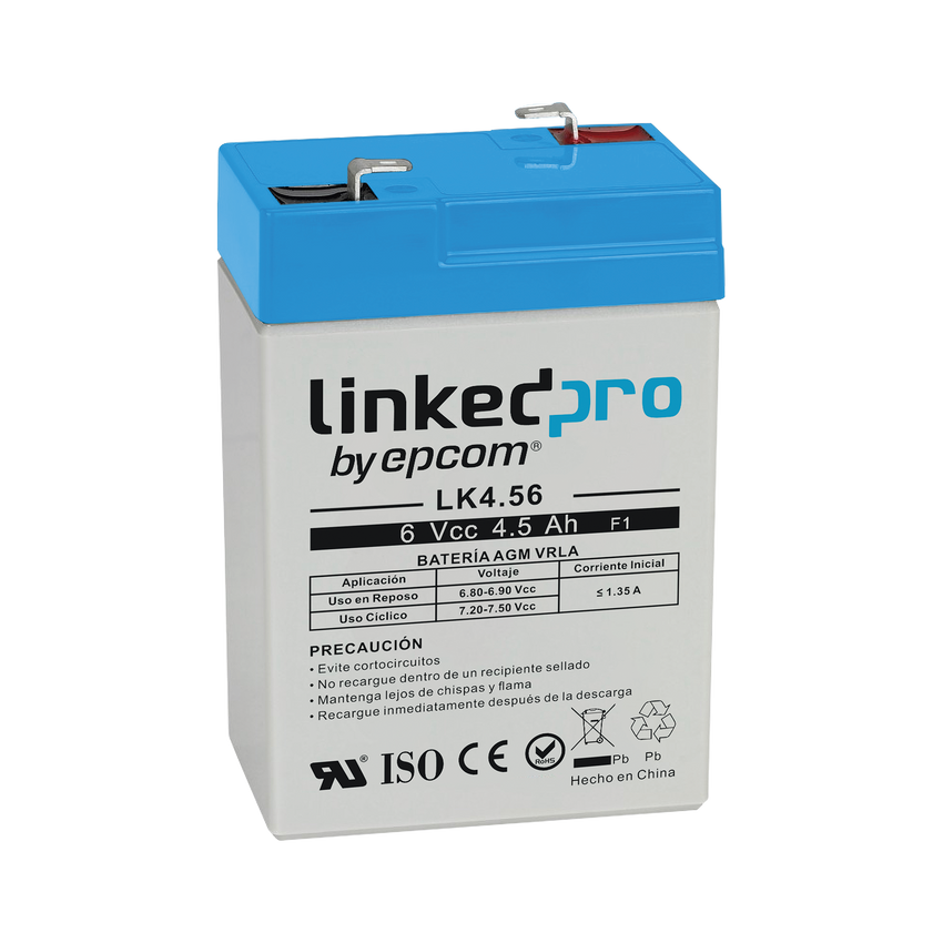 Batería 6 V / 4.5 Ah / UL / Tecnología AGM / Vida útil promedio 5 años / Para uso en equipo electrónico, Alarmas de Intrusión / Incendio/ Control de acceso / Video Vigilancia / Terminales F1 ( Incluye adaptador F2
