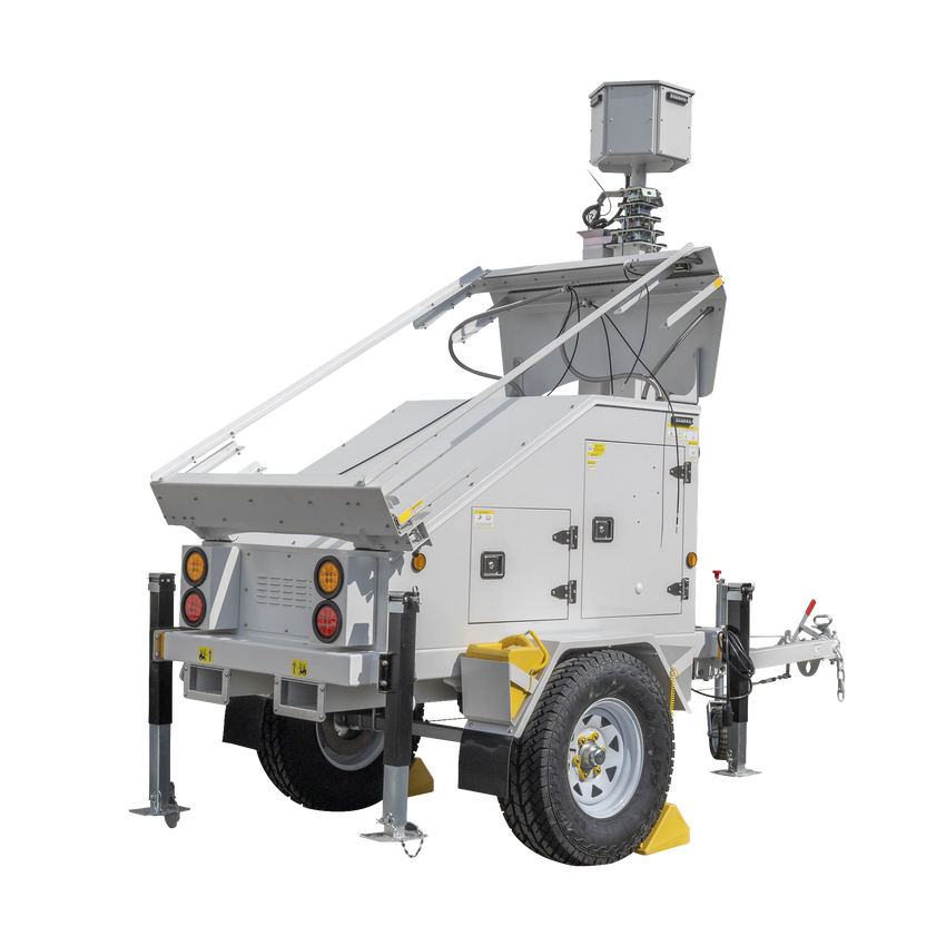 Traila / Remolque con Mástil Retráctil de 7.5 m. para Videovigilancia o Iluminación, con Bases para Instalar Paneles Solares y Baterías (No incluidos)