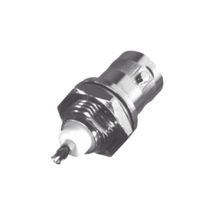 Conector BNC Hembra para Chasis, Montaje Frontal, Soldable, D-Plano, Troquelado, Niquel/ Oro/ Delrin.