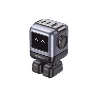 Cargador RobotGaN de 65W Serie UNO | 3 Puertos de Carga Rápida | 2 USB-C | 1 USB-A | PD 3.0 | QC 4.0 | Carga Inteligente | Tecnología GaN II | Zapato Magnético Extraíble | Carcasa Ignifuga | Pantalla LED