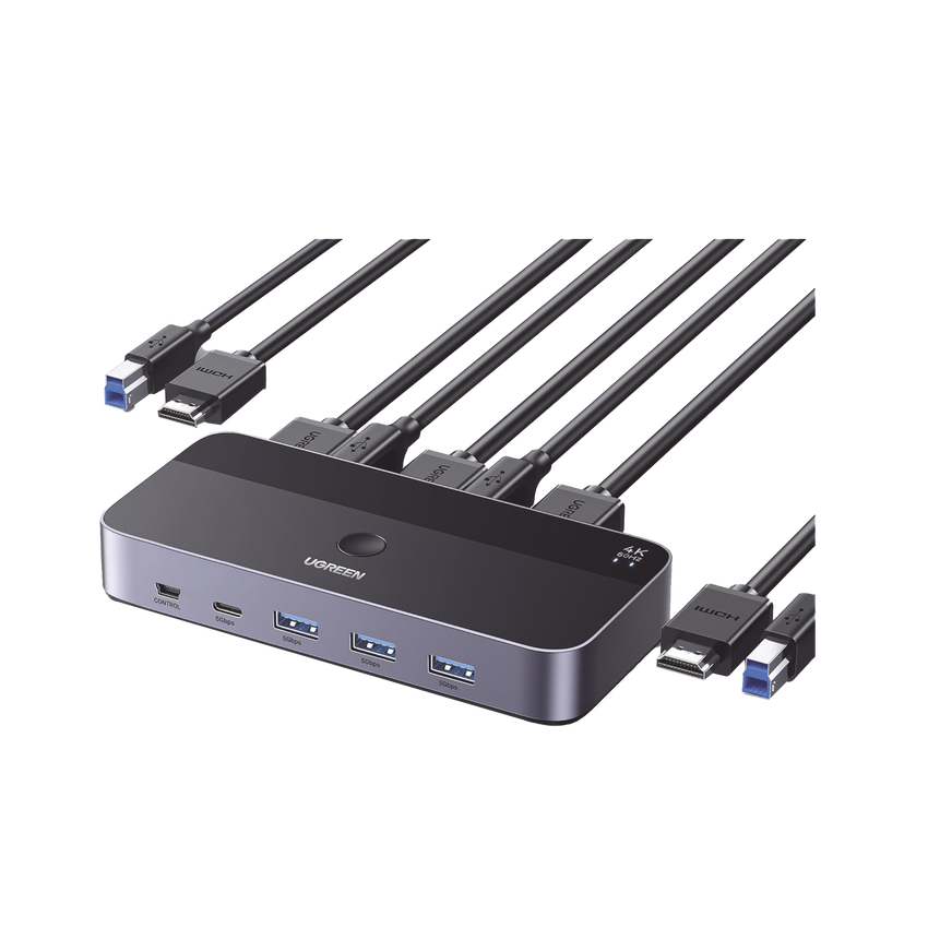 Conmutador KVM HDMI 4K | HDMI 2.0 | 2 Entradas 1 Salida | 4 Puertos USB 3.0 (3 USB-A *1 USB-C) | Soporta 4K@60Hz | HDR | Indicador Led | Compatible Win, MacOs y Linux | Carcasa de Aluminio.