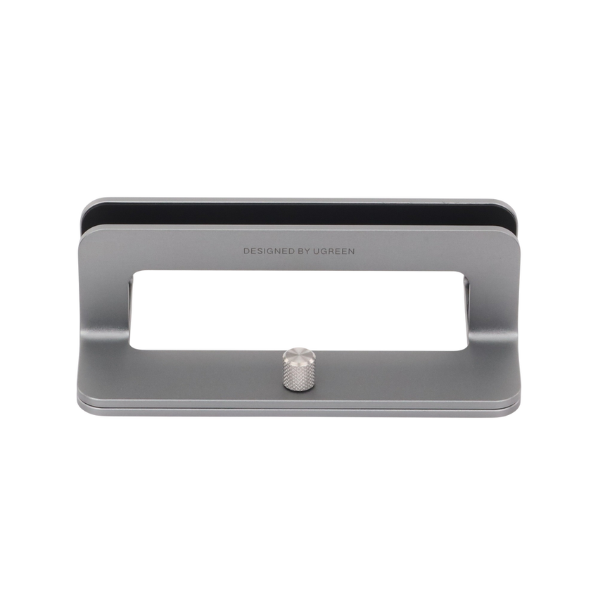 Soporte Vertical para Laptop / Adecuado para escritorio / Anchura Ajustable (12-26mm) / Amplia compatibilidad / Anti-Arañazos / Anti-Deslizante /Ajustable Mediante Tornillos / Color Plata / Aluminio + Silicona