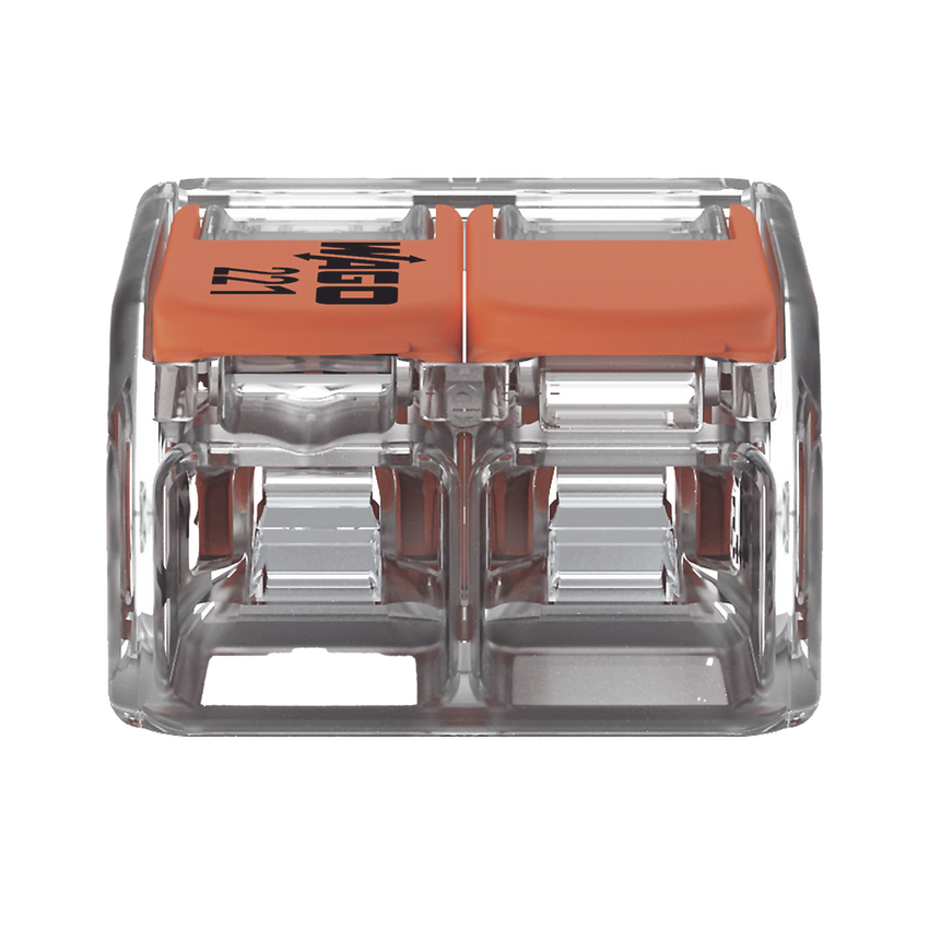 Borna de Conexión / Serie 221 / Palancas Naranja / 2 Conductores 4 mm² / Carcasa Transparente / 300V 20A / T85 / UL ENEC Certificado