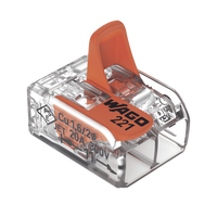Borna de Conexión / Serie 221 / Palancas Naranja / 2 Conductores 4 mm² / Carcasa Transparente / 300V 20A / T85 / UL ENEC Certificado