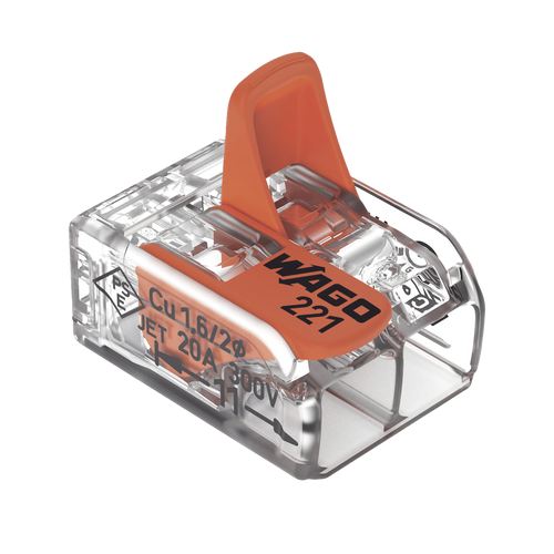 Borna de Conexión / Serie 221 / Palancas Naranja / 2 Conductores 4 mm² / Carcasa Transparente / 300V 20A / T85 / UL ENEC Certificado