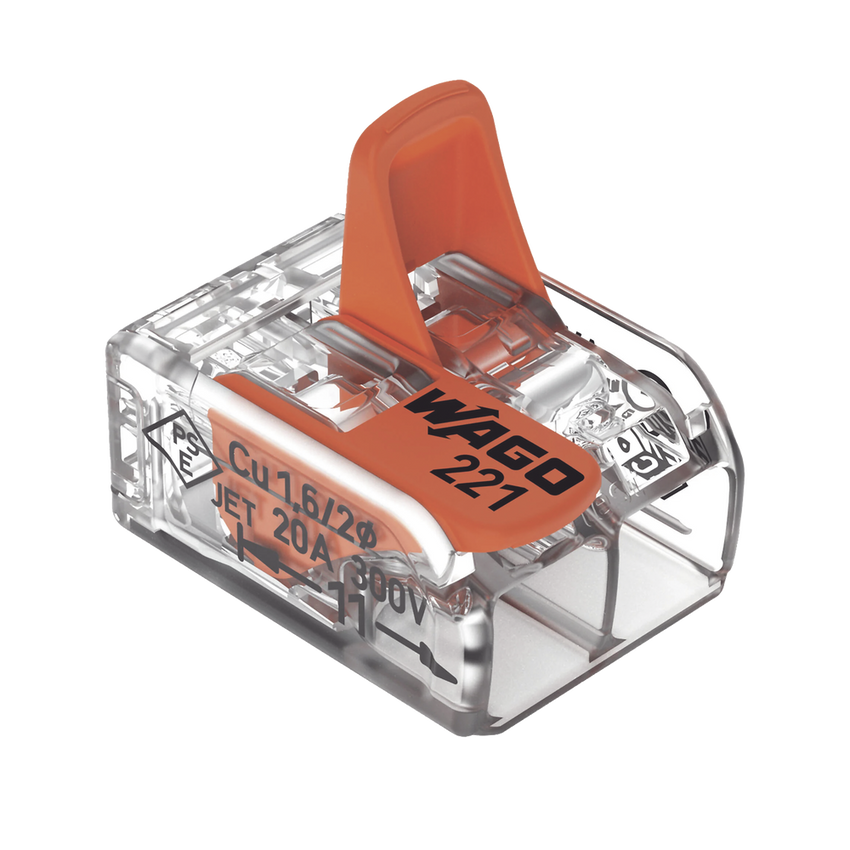 Borna de Conexión / Serie 221 / Palancas Naranja / 2 Conductores 4 mm² / Carcasa Transparente / 300V 20A / T85 / UL ENEC Certificado