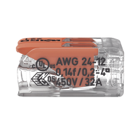 Borna de Conexión / Serie 221 / Palancas Naranja / 2 Conductores 4 mm² / Carcasa Transparente / 300V 20A / T85 / UL ENEC Certificado