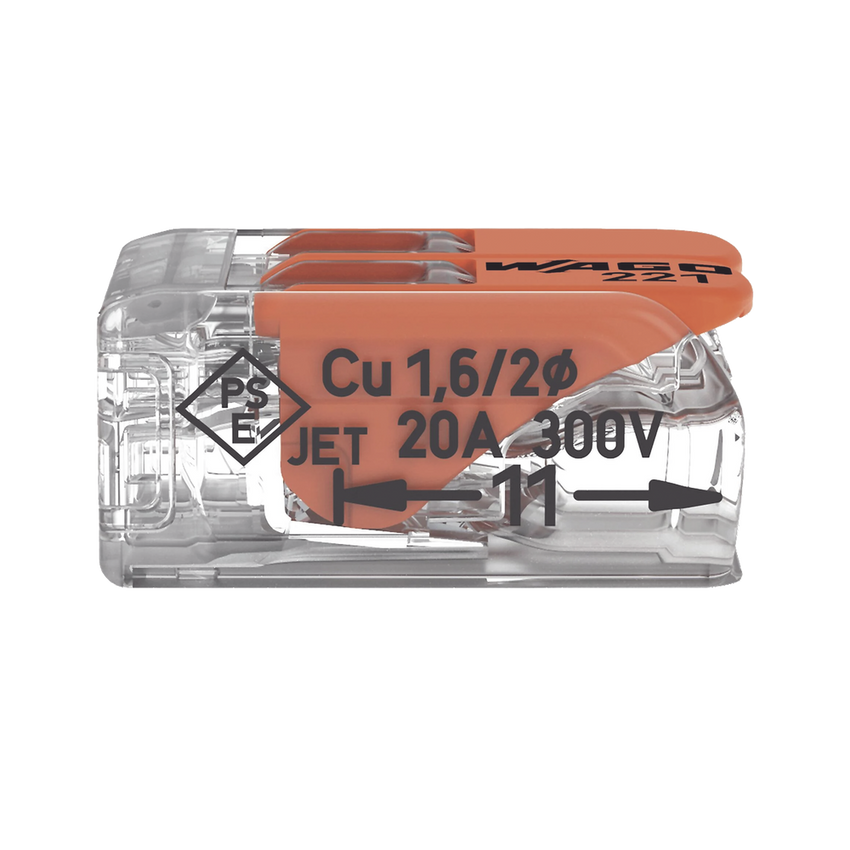 Borna de Conexión / Serie 221 / Palancas Naranja / 2 Conductores 4 mm² / Carcasa Transparente / 300V 20A / T85 / UL ENEC Certificado
