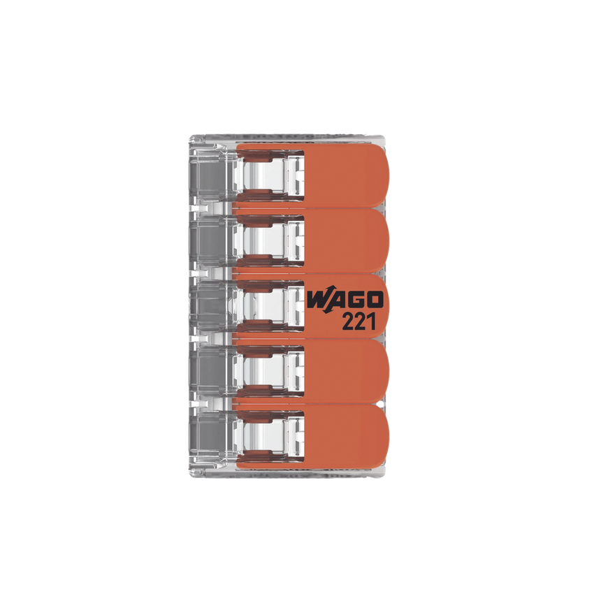 Borna de Conexión / 5 Conductores / 4 mm² Máximo / Palanca Naranja / Transparente / 32A 450V / UL JET ENEC / CAGE CLAMP® / T85
