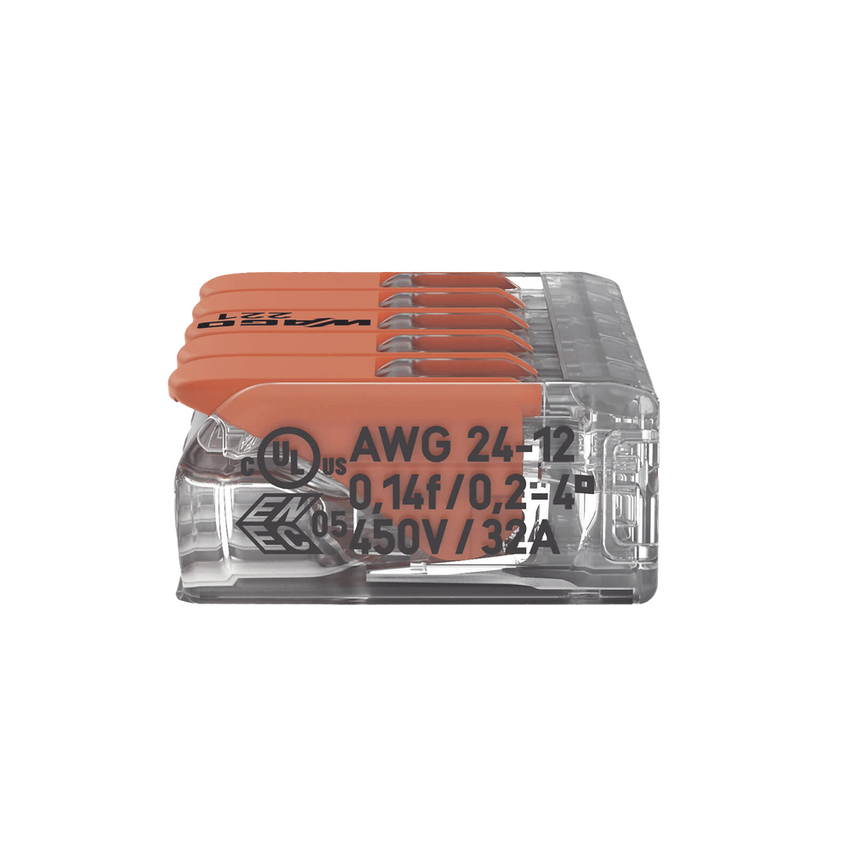 Borna de Conexión / 5 Conductores / 4 mm² Máximo / Palanca Naranja / Transparente / 32A 450V / UL JET ENEC / CAGE CLAMP® / T85