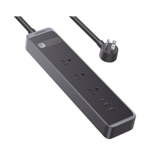 Regleta con Protector Contra Sobretensiones | 3 Salidas de CA NEMA 5-15R | 1 Salida USB-C PD de 30 W | 2 Puertos USB-A | Protección Contra Sobretensiones de 1600 julios | Cable 1.8m | Color Negro.