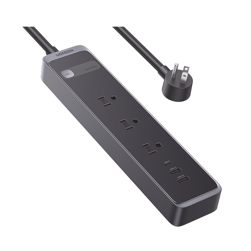 Regleta con Protector Contra Sobretensiones | 3 Salidas de CA NEMA 5-15R | 1 Salida USB-C PD de 30 W | 2 Puertos USB-A | Protección Contra Sobretensiones de 1600 julios | Cable 1.8m | Color Negro.