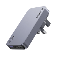 Cargador rápido de viaje GaN de 3 puertos y 65 W con enchufes de EE. UU., Reino Unido y UE.