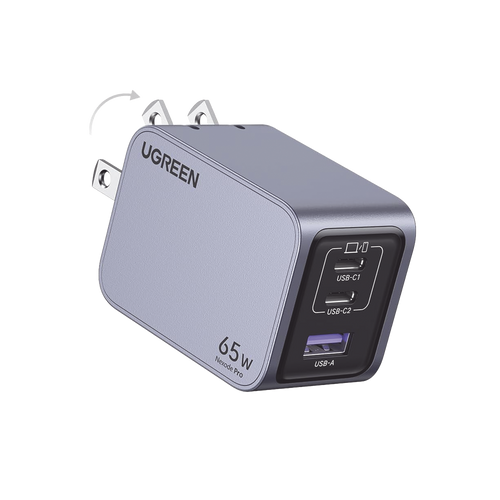 Cargador de 65W serie Nexode Pro | 3 Puertos de Carga Rápida | 2 USB-C | 1 USB-A | Tecnología GaNInfinity | PD3.1 de 65W / QC4.0 | Tecnología de Protección Térmica | Optimiza la Carga | Caja de Aluminio | Incluye Cable U