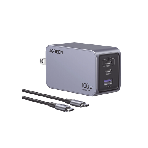 Cargador de 100W serie Nexode Pro | 3 Puertos de Carga Rápida | 2 USB-C | 1 USB-A | Tecnología GaNInfinity | PD3.1 de 100W / QC4.0 | Tecnología de Protección Térmica | Optimiza la Carga | Caja de Aluminio | Incluye Cable