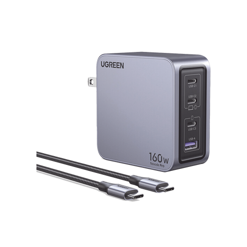 Cargador de 160W serie Nexode Pro | 4 Puertos de Carga Rápida | 3 USB-C | 1 USB-A | Tecnología GaNInfinity | PD3.1 de 140W / QC4.0 | Tecnología de Protección Térmica | Optimiza la Carga | Caja de Aluminio | Incluye Cable