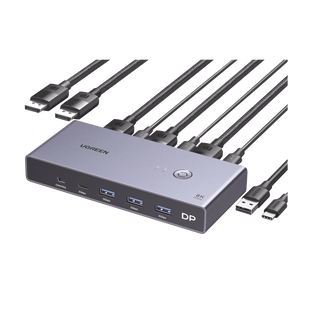 Conmutador KVM DisplayPort 8K | DP 1.4 | 2 Entradas 1 Salida | 4 Puertos USB 3.0 (3 USBA *1 USBC) | Soporta 8K@60Hz | HDR | Control de Escritorio | Carcasa de Aluminio | Indicador Led | Compatible Win, MacOs y Linux.