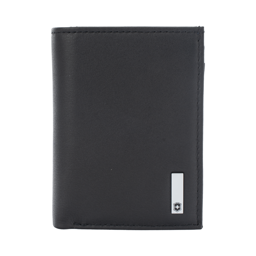 Cartera Athens Negra de Piel con Compartimento de Micromalla para ID. Doblable en 3 Partes con Divisor de Billetes. Pocket Wallet