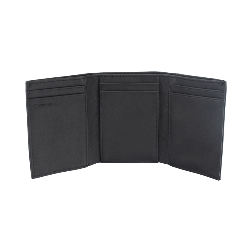 Cartera Athens Negra de Piel con Compartimento de Micromalla para ID. Doblable en 3 Partes con Divisor de Billetes. Pocket Wallet