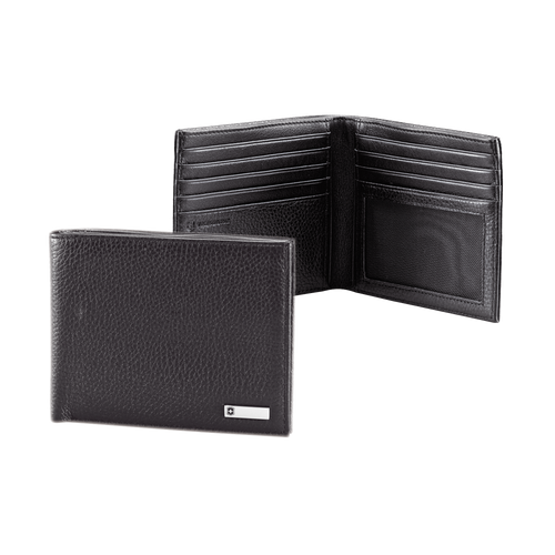 Cartera Barcelona Negra de Piel Rugosa de Doble Pliegue y Divisor de Billetes. Pocket Wallet.