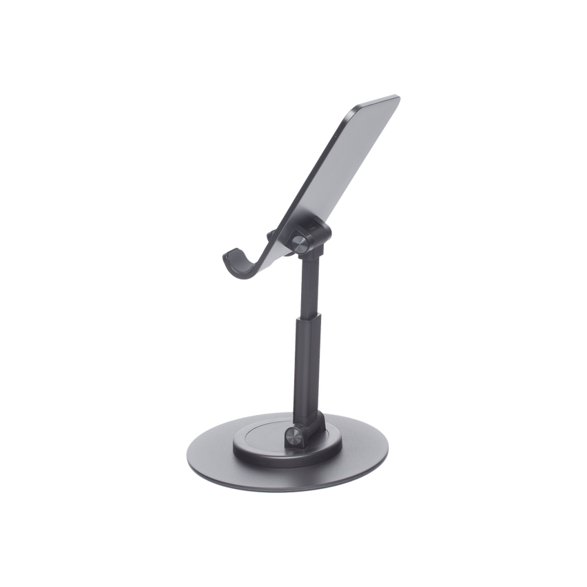 Soporte para Teléfono Celular Giratorio | 360° de Rotación | Angulo Ajustable | Altura Ajustable 17-20cm  | Antideslizante | Ejes Giratorios de Alta Precisión| Plegable | Aluminio | Color Gris