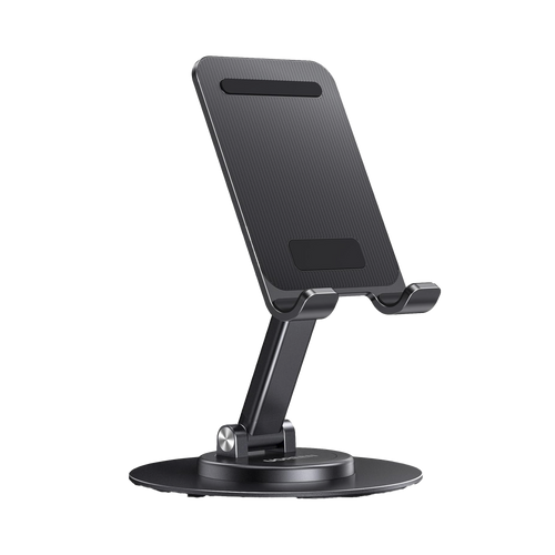 Soporte para Teléfono Celular Giratorio | 360° de Rotación | Angulo Ajustable | Altura Ajustable 17-20cm  | Antideslizante | Ejes Giratorios de Alta Precisión| Plegable | Aluminio | Color Gris