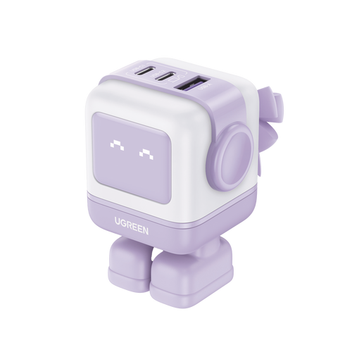 Cargador RobotGaN de 65W Serie UNO | 3 Puertos de Carga Rápida | 2 USB-C | 1 USB-A | PD 3.0 | QC 4.0 | Carga Inteligente | Tecnología GaN II | Zapato Magnético Extraíble | Carcasa Ignifuga | Pantalla LED.