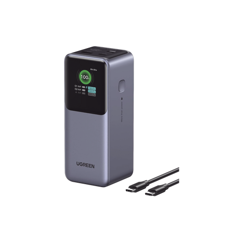 Power Bank de 20000mAh | 3 Salidas 130W Max. | USB-A + 2 USB-C | PD 3.0 | QC3.0 | FCP | SCP | Pantalla Inteligente | Carcasa Ignifuga | Color Gris | Incluye Cable USB de 50cm | Carga tu Laptop de Manera Segura.