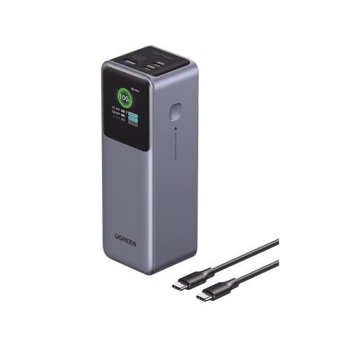 Power Bank de 12000mAh | 3 Salidas 100W Max. | USB-A + 2 USB-C | PD 3.0 | QC3.0 | FCP | SCP | Pantalla Inteligente | Carcasa Ignifuga | Color Gris | Incluye Cable USB de 50cm | Carga tu Laptop de Manera Segura.