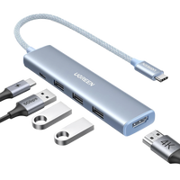 HUB USB-C (Docking Revodok) 5 en 1 | HDMI 2.0 4K@30Hz | 3 USB-A 3.0 (5Gbps) | USB-C PD Carga 100W | Chip de Última Generación | Cable de Nylon Trenzado de 25 cm | Carcasa de Aluminio | Color Azul.