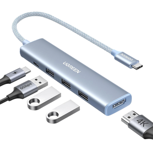 HUB USB-C (Docking Revodok) 5 en 1 | HDMI 2.0 4K@30Hz | 3 USB-A 3.0 (5Gbps) | USB-C PD Carga 100W | Chip de Última Generación | Cable de Nylon Trenzado de 25 cm | Carcasa de Aluminio | Color Azul.