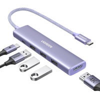 HUB USB-C (Docking Revodok) 5 en 1 | HDMI 2.0 4K@30Hz | 3 USB-A 3.0 (5Gbps) | USB-C PD Carga 100W | Chip de Última Generación | Cable de Nylon Trenzado de 25 cm | Carcasa de Aluminio | Color Morado.