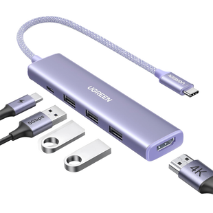 HUB USB-C (Docking Revodok) 5 en 1 | HDMI 2.0 4K@30Hz | 3 USB-A 3.0 (5Gbps) | USB-C PD Carga 100W | Chip de Última Generación | Cable de Nylon Trenzado de 25 cm | Carcasa de Aluminio | Color Morado.