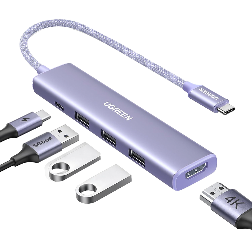 HUB USB-C (Docking Revodok) 5 en 1 | HDMI 2.0 4K@30Hz | 3 USB-A 3.0 (5Gbps) | USB-C PD Carga 100W | Chip de Última Generación | Cable de Nylon Trenzado de 25 cm | Carcasa de Aluminio | Color Morado.