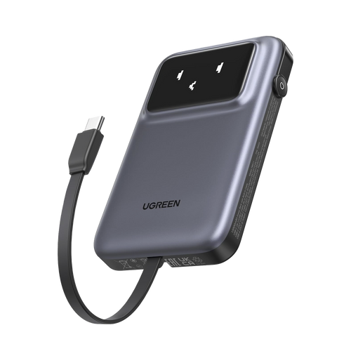 Power Bank Serie Uno |  10000mAh | 30W |  con Cable USB-C Incorporado | 2 Salidas 30W Max. | Pantalla Inteligente | Carcasa Ignifuga | Aprobado por Aerolíneas.| Color Grey.
