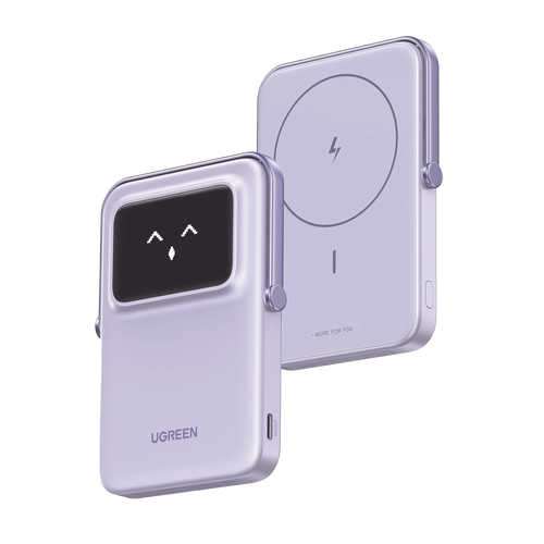 Power Bank Inalambrico | 5000mAh | 7.5W  |  Con Emojis de Estado | Carga Rápida USB-C Bidireccional  | Pantalla TFT  Inteligente | 13 niveles de Proteccion | Con Holder | Color Purple.
