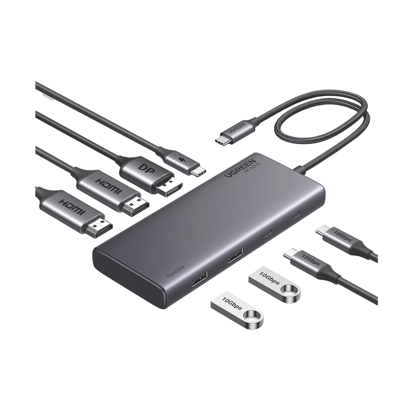 HUB USB-C (Docking Revodok 308) 8 en 1 | 2 Puertos HDMI 4K@60Hz | 1 Puerto DisplayPort 4K@60Hz 2 USB-A 10Gbps) | 2 USB-C (10Gbps) | USB-C PD Carga 100W | Chip de Ultima Generacion | Carcasa de Aluminio.