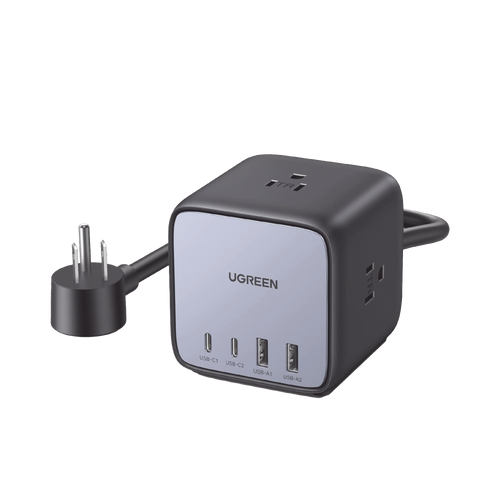 Multicontacto de Escritorio USB y Tomacorriente / 2 Puertos USB-C / 2 Puertos USB-A / 3 Tomacorriente de CA / Tecnología GaN II / USB 65W PD / Carga Rápida / Diseño Innovador en Forma de Cubo / Interruptor de Apagado.
