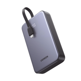 Power Bank Portatil | 20000mAh (74Wh) | 30W | Con Cable USB-C Incorporado | 2 Salidas 22,5W | Pantalla Inteligente | Multiple Proteccion | Aprobado por Aerolíneas | Color Grey.
