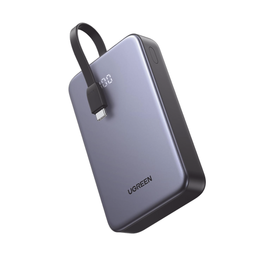 Power Bank Portatil | 20000mAh (74Wh) | 30W | Con Cable USB-C Incorporado | 2 Salidas 22,5W | Pantalla Inteligente | Multiple Proteccion | Aprobado por Aerolíneas | Color Grey.
