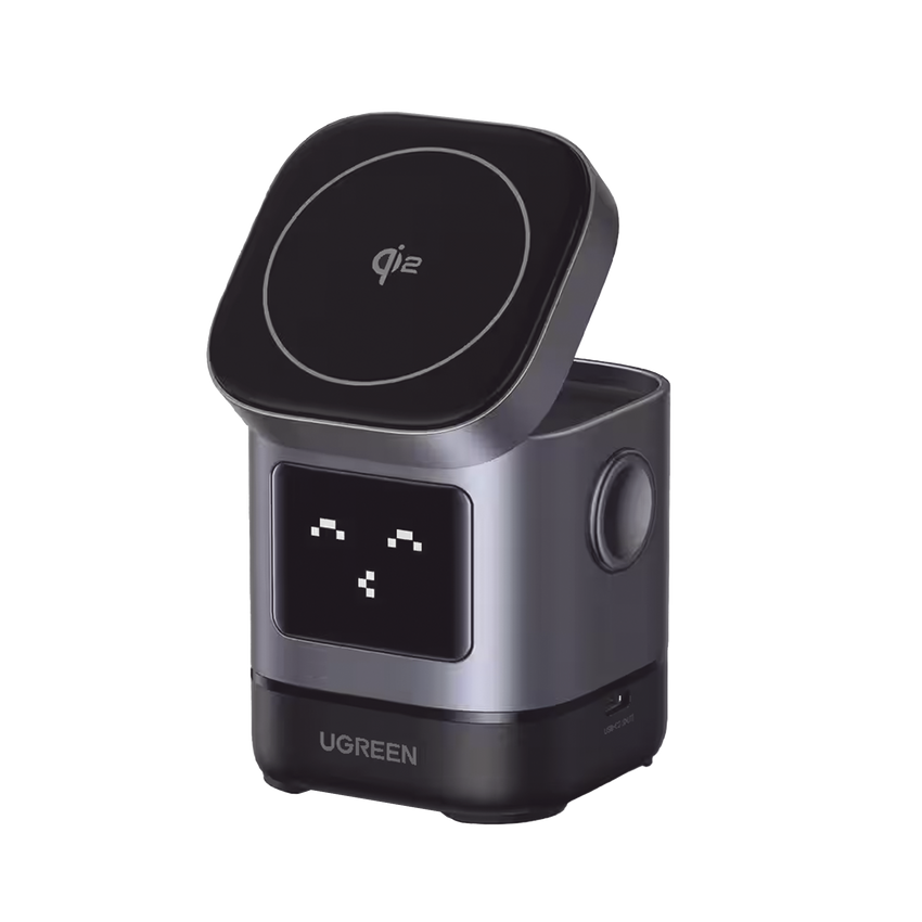 Cargador Inalámbrico Robot 2 en 1 UGREEN Qi2 / 15W Ultra Rápido para iPhone / 5W para AirPods / Pantalla Inteligente con Expresiones / Imanes N48H / Puerto USB-C 5W para Apple Watch / Compatibilidad MPP